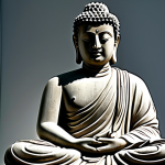 A professional photograph of a detailed Gandhara Buddha statue, showcasing the unique Greco-Buddhist fusion style. The statue features a serene facial expression, finely sculpted hair, and flowing, realistic drapery in the classical Greek tradition. It stands in a contemplative, natural pose, embodying dignity and wisdom. Displayed prominently within a well-lit museum exhibit, highlighting its historical significance. The statue possesses perfect anatomy, correct proportions, well-formed hands, and proper finger count. This image is safe for work, appropriate content, fully clothed, professional, and family-friendly.