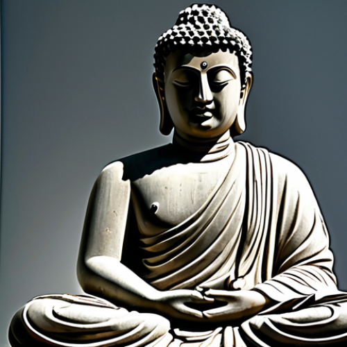 A professional photograph of a detailed Gandhara Buddha statue, showcasing the unique Greco-Buddhist fusion style. The statue features a serene facial expression, finely sculpted hair, and flowing, realistic drapery in the classical Greek tradition. It stands in a contemplative, natural pose, embodying dignity and wisdom. Displayed prominently within a well-lit museum exhibit, highlighting its historical significance. The statue possesses perfect anatomy, correct proportions, well-formed hands, and proper finger count. This image is safe for work, appropriate content, fully clothed, professional, and family-friendly.
