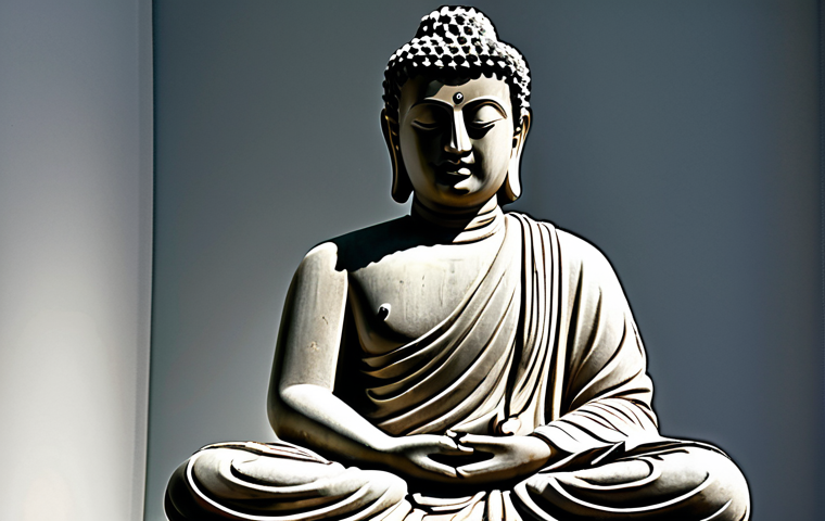 A professional photograph of a detailed Gandhara Buddha statue, showcasing the unique Greco-Buddhist fusion style. The statue features a serene facial expression, finely sculpted hair, and flowing, realistic drapery in the classical Greek tradition. It stands in a contemplative, natural pose, embodying dignity and wisdom. Displayed prominently within a well-lit museum exhibit, highlighting its historical significance. The statue possesses perfect anatomy, correct proportions, well-formed hands, and proper finger count. This image is safe for work, appropriate content, fully clothed, professional, and family-friendly.