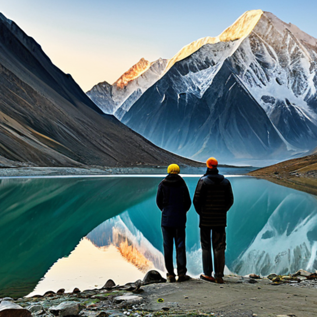 Saif-ul-Maluk Lake at Sunrise**

"A breathtaking view of Saif-ul-Maluk Lake at sunrise, reflecting the Malika Parbat mountain range. The scene is bathed in golden light, with snow-capped peaks visible in the distance. In the foreground, a few modestly dressed tourists are admiring the view. The surrounding landscape is lush and green. The overall atmosphere is peaceful and serene. Safe for work, appropriate content, fully clothed, professional photography, perfect anatomy, natural proportions, high quality, family-friendly."

**
