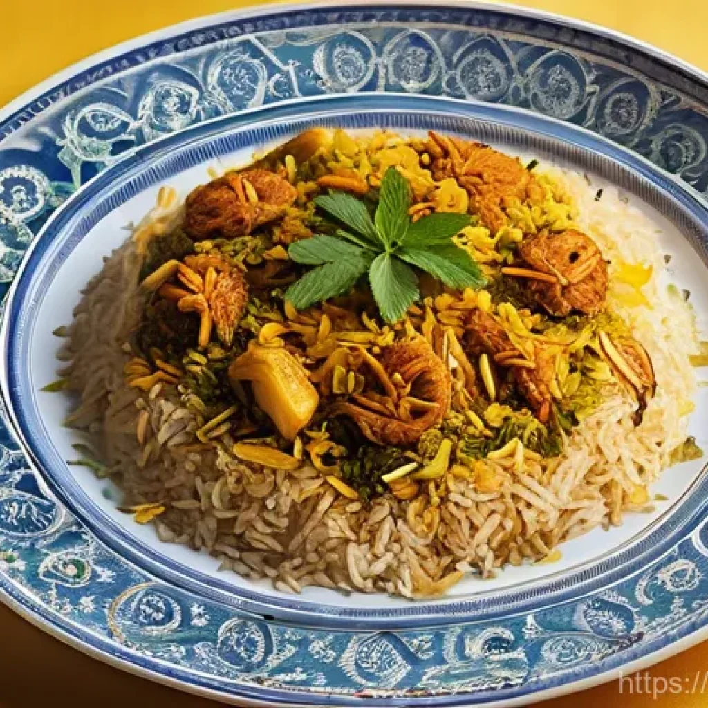 파키스탄 전통 요리 비르야니 - **A Regal Biryani Feast:** An exquisitely composed, top-down shot of a majestic Biryani dish, presen...