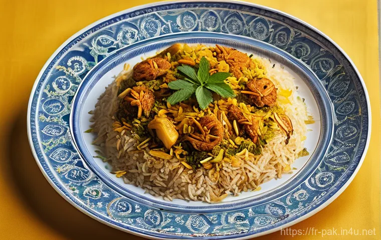 파키스탄 전통 요리 비르야니 - **A Regal Biryani Feast:** An exquisitely composed, top-down shot of a majestic Biryani dish, presen...