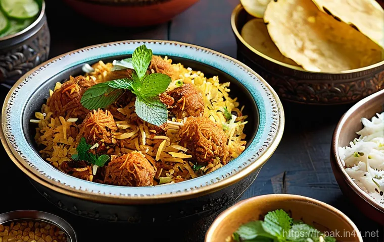 파키스탄 전통 요리 비르야니 - **The Art of Biryani Preparation:** A dynamic, close-up shot of hands meticulously layering ingredie...