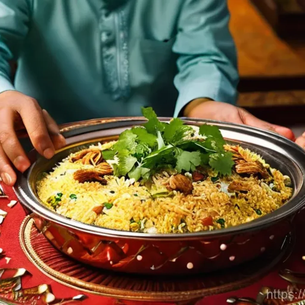 파키스탄의 할랄 음식 문화 - **Prompt 1: A Festive Pakistani Biryani Feast**
    "A vibrant, eye-level shot of a traditional Paki...