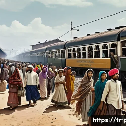 파키스탄 정치적 주요 사건 연대기 - A detailed historical scene depicting the partition of British India in 1947, showing large crowds o...