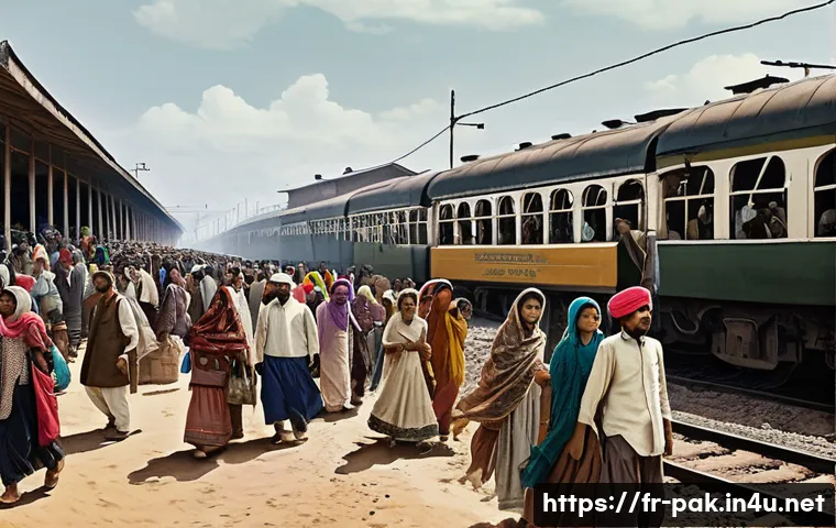 파키스탄 정치적 주요 사건 연대기 - A detailed historical scene depicting the partition of British India in 1947, showing large crowds o...