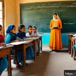 Home 18 파키스탄 여성 교육 문제와 사례 - A vibrant classroom scene in a rural Pakistani village, showing a diverse group of young girls weari...