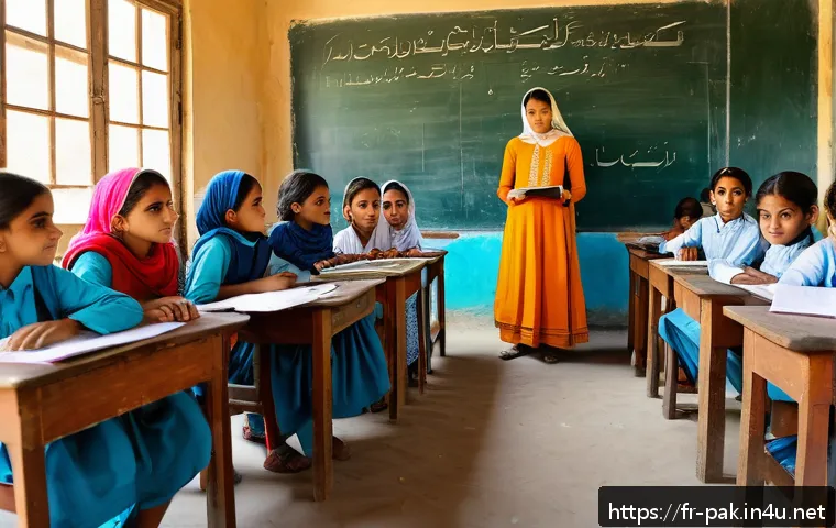 파키스탄 여성 교육 문제와 사례 - A vibrant classroom scene in a rural Pakistani village, showing a diverse group of young girls weari...