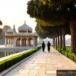 파키스탄 무굴 제국 시대 유적지 - Photorealistic sunrise view of the Shalimar Gardens in Lahore, Pakistan, Mughal-era marble pavilions...