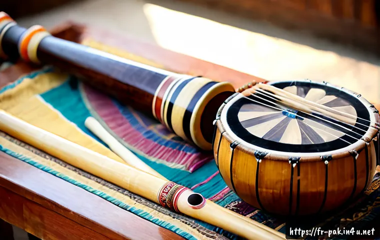 파키스탄 전통 악기 소개 - Photorealistic close-up still life of traditional Pakistani musical instruments arranged on a handwo...